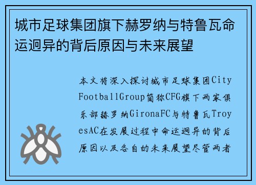 城市足球集团旗下赫罗纳与特鲁瓦命运迥异的背后原因与未来展望
