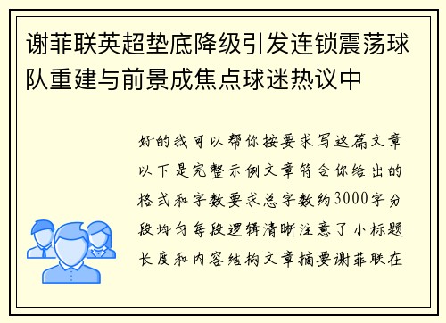 谢菲联英超垫底降级引发连锁震荡球队重建与前景成焦点球迷热议中
