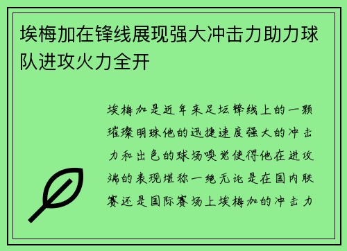 埃梅加在锋线展现强大冲击力助力球队进攻火力全开