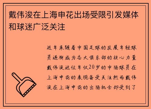 戴伟浚在上海申花出场受限引发媒体和球迷广泛关注 戴伟浚在上海申花出场受限引发媒体和球迷广泛关注